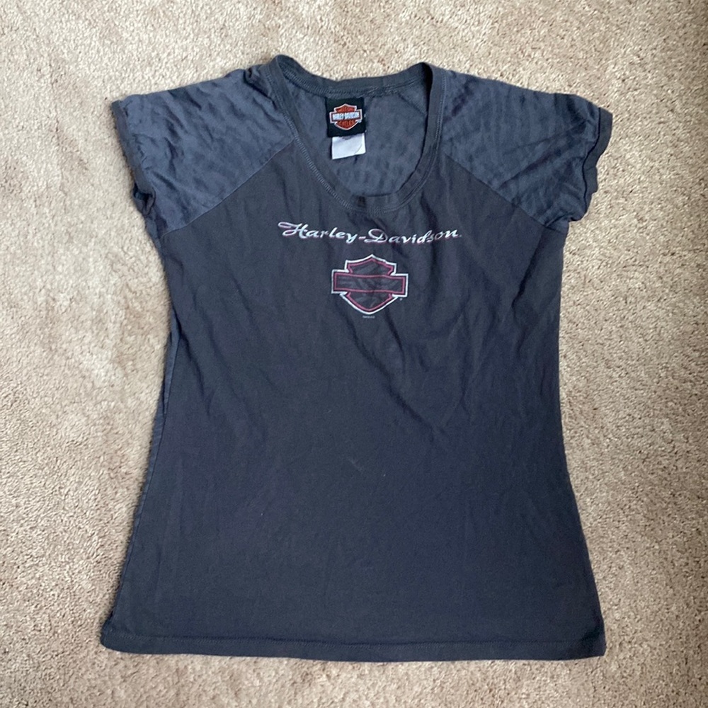 Harley Davidson Cap Sleeve Gray Tee Burnout Back Silver Pink‎ Logo Womens Medium